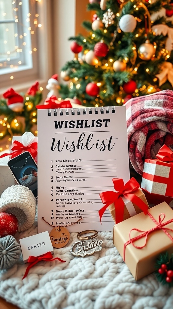 A colorful Christmas wishlist featuring diverse gift ideas surrounded by holiday decorations.